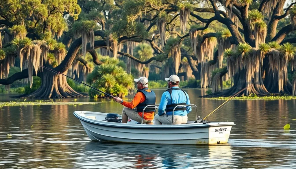 Two people fishing from a small boat on Lake Fausse Pointe with cypress trees in background