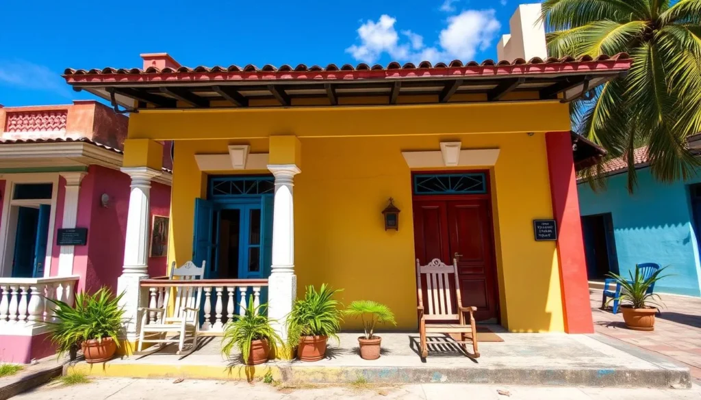 Typical casa particular in Yaguajay, Cuba with colorful facade and rocking chairs on the porch