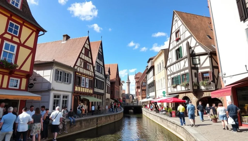 Ulm's Fishermen's Quarter in summer with colorful half-timbered houses along the Blau River