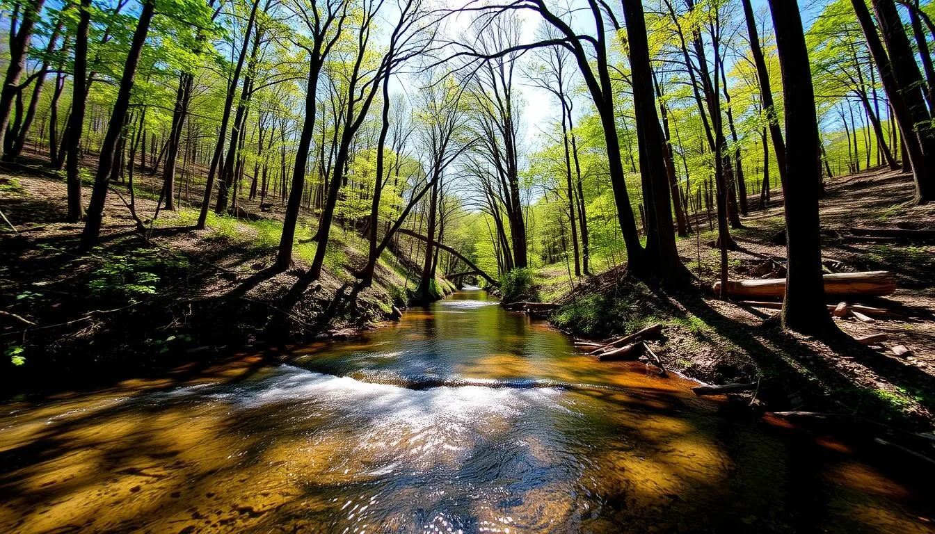 Upper Pine Bottom State Park creek view with surrounding forest on a sunny day