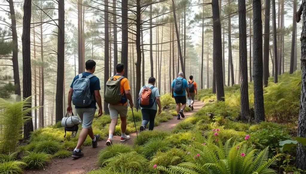 Valle Nuevo National Park hiking trail with diverse tourists exploring pine forests
