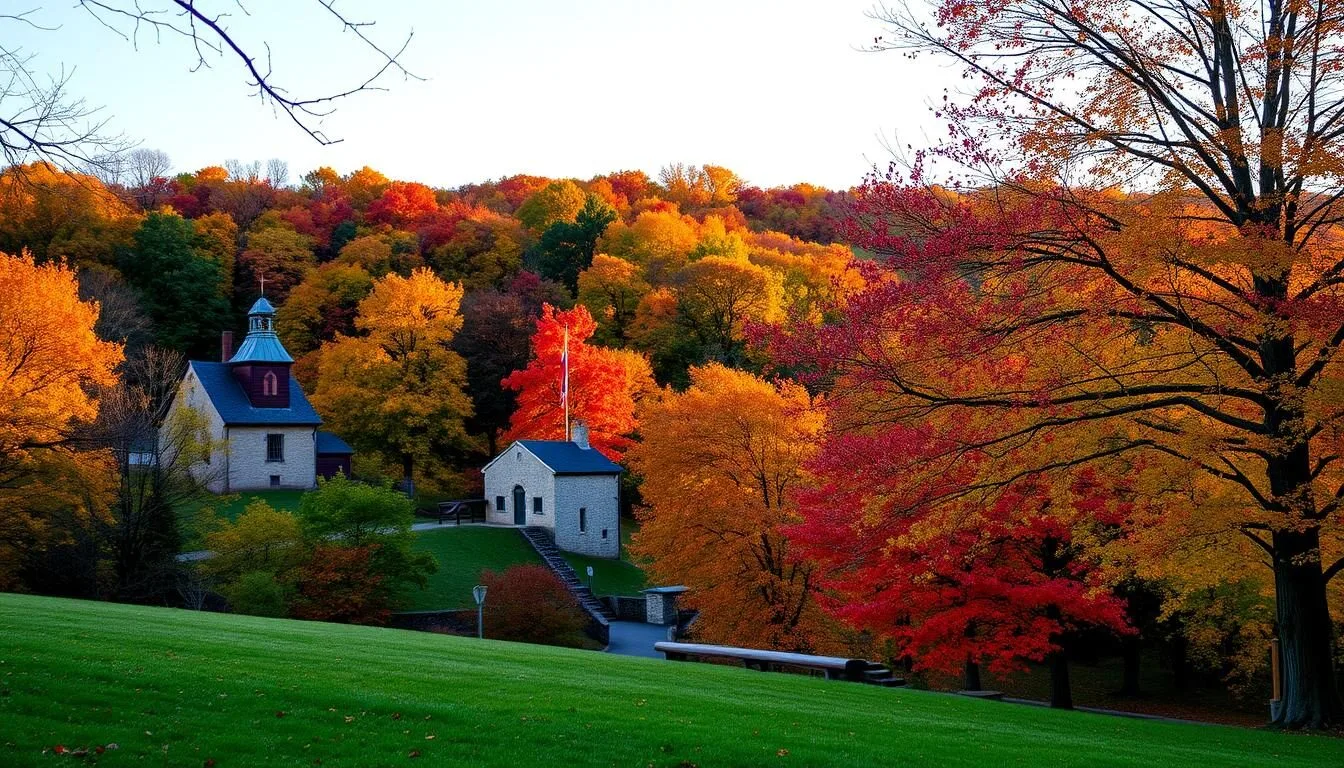 Valley Forge National Historical Park in autumn with colorful fall foliage surrounding historic structures