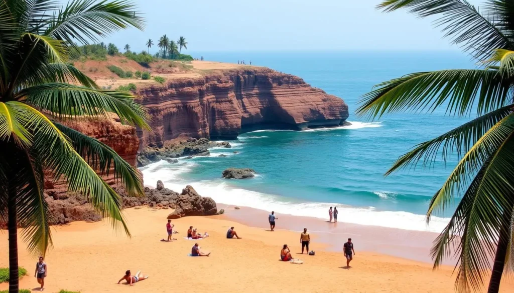 Varkala Beach with red cliffs and Arabian Sea with a few tourists relaxing