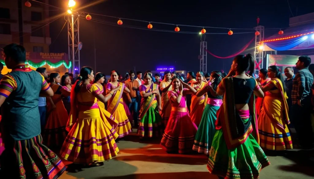 Vibrant Navratri festival celebration in Gujarat with traditional Garba dancers in colorful attire