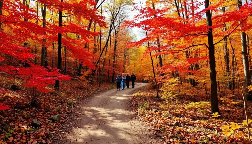 Vibrant autumn foliage in Seven Mountains Pennsylvania with hiking trail winding through colorful trees Vibrant autumn foliage in Seven Mountains Pennsylvania with hiking trail winding through colorful trees