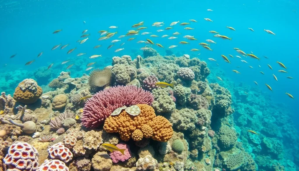 Vibrant coral reef in the Red Sea with colorful fish swimming among the coral formations