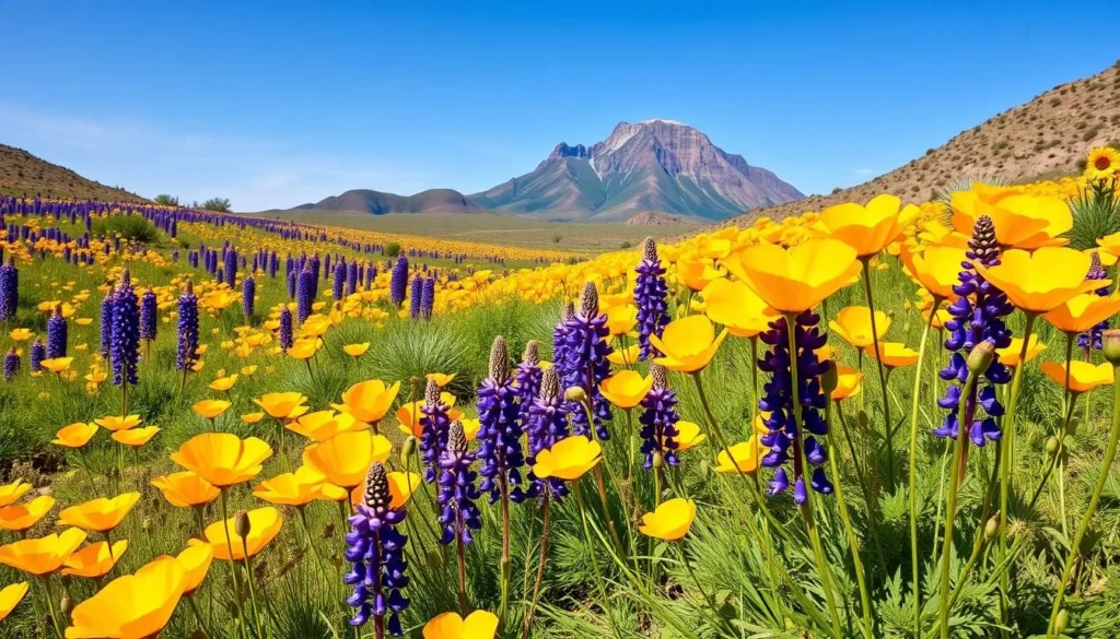 Vibrant wildflower bloom at Picacho Peak State Park with Mexican gold poppies and lupines