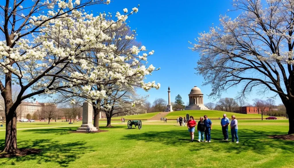 Vicksburg National Military Park in spring with blooming trees and monuments Vicksburg National Military Park in spring with blooming trees and monuments