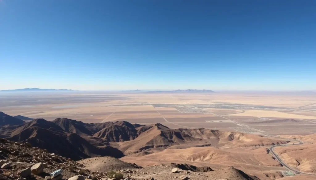 View from Tikaboo Peak showing distant Area 51 facilities in the Nevada desert