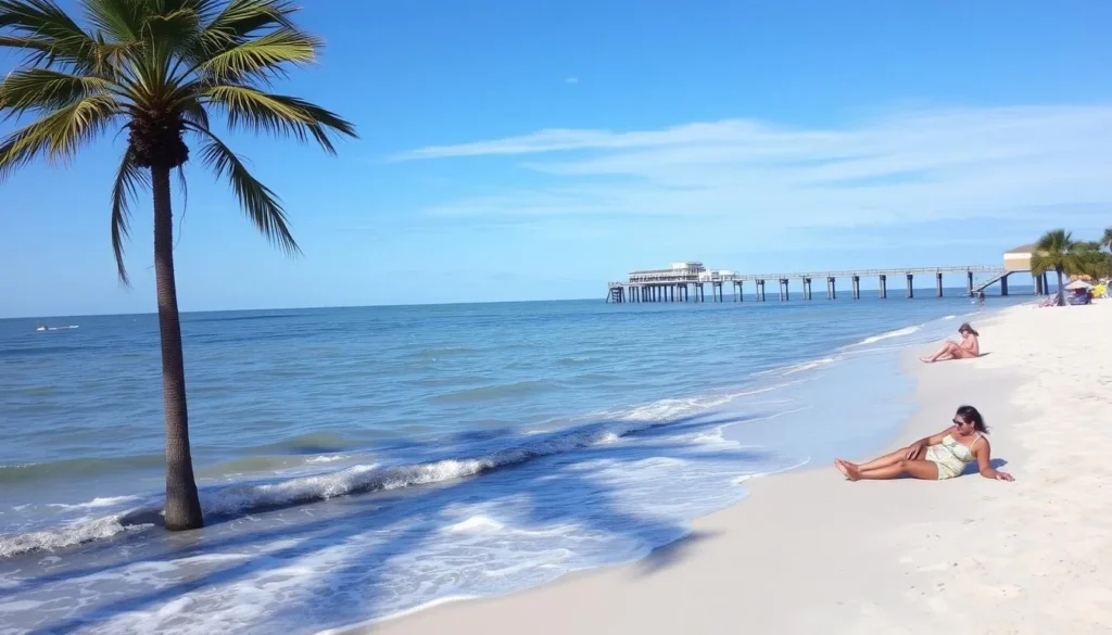 View of Grand Isle beach with palm trees and fishing pier in the distance