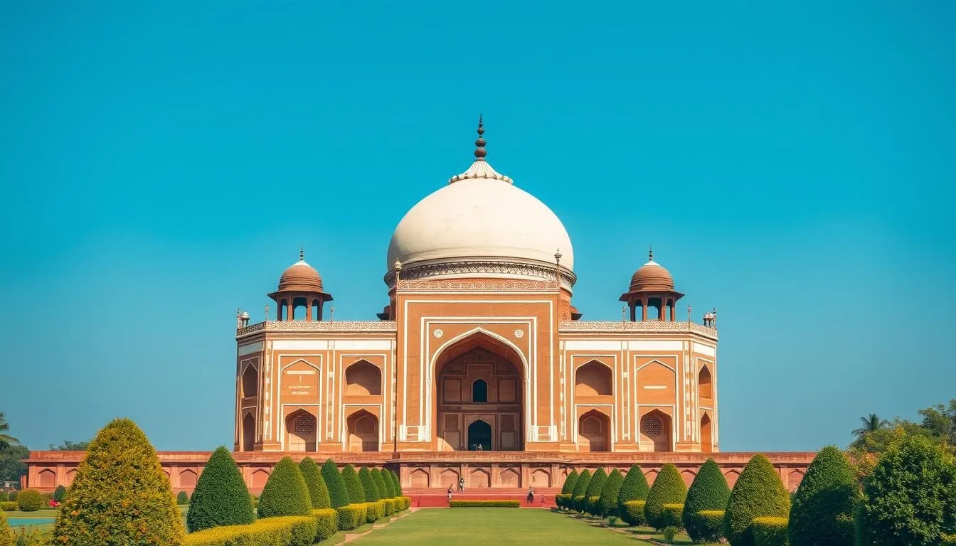 View of Humayun's Tomb, a UNESCO World Heritage site in New Delhi with beautiful gardens and red sandstone architecture
