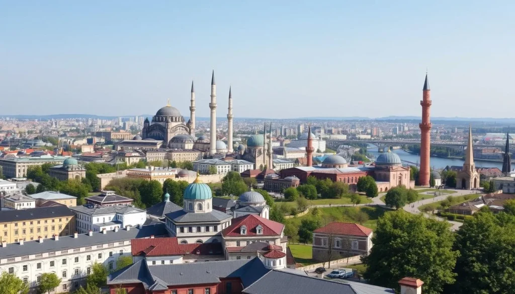 View of Kazan city with its distinctive Kremlin featuring both Orthodox and Islamic architecture