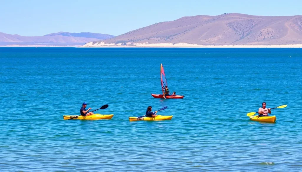 View of O'Neill Forebay at San Luis Reservoir with people enjoying water activities on a sunny day View of O'Neill Forebay at San Luis Reservoir with people enjoying water activities on a sunny day
