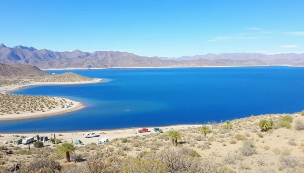 View of Roosevelt Lake near Tonto National Monument with camping areas visible along the shoreline