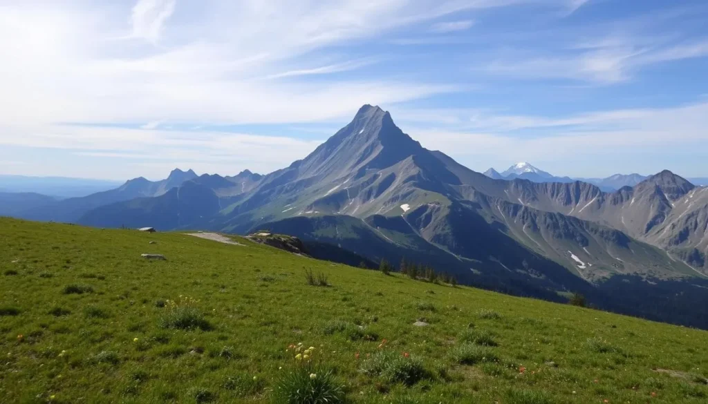 View of Wilson Peak from a hiking trail with alpine meadow in the foreground View of Wilson Peak from a hiking trail with alpine meadow in the foreground