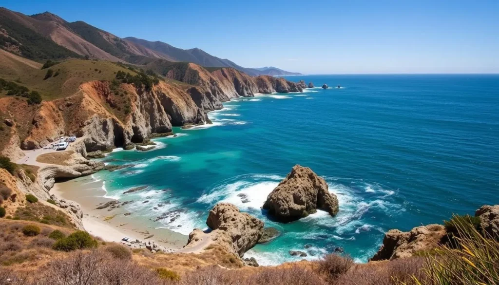 View of the Big Sur coastline near Sykes Hot Springs California showing dramatic cliffs and ocean View of the Big Sur coastline near Sykes Hot Springs California showing dramatic cliffs and ocean
