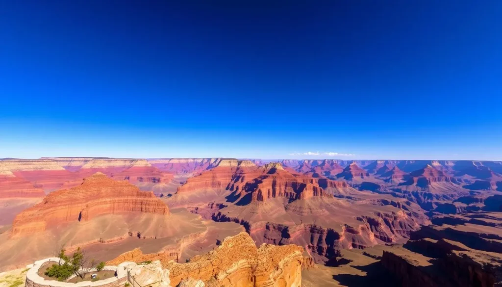 View of the Grand Canyon's colorful rock layers and vast expanse from the South Rim View of the Grand Canyon's colorful rock layers and vast expanse from the South Rim