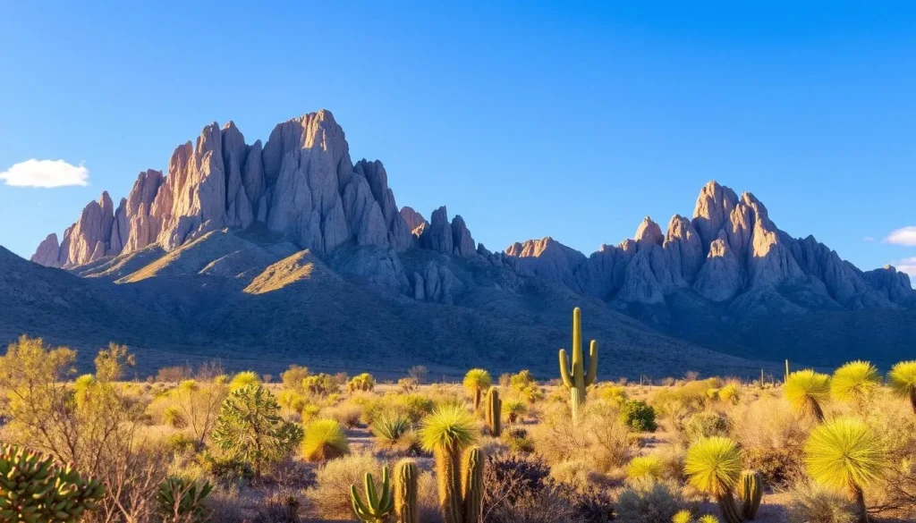 View of the Organ Mountains near Las Cruces with desert vegetation in the foreground View of the Organ Mountains near Las Cruces with desert vegetation in the foreground