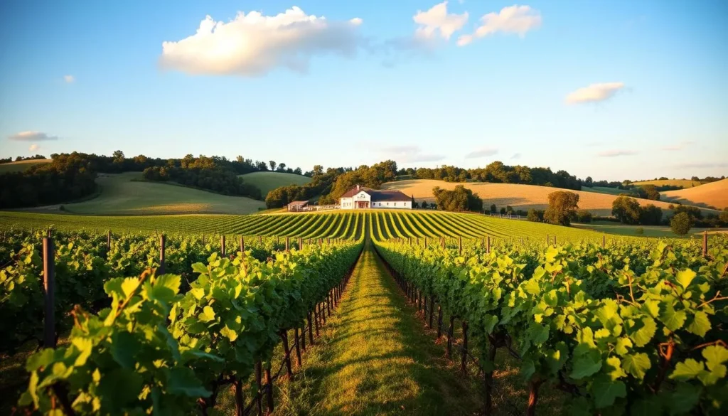 Vineyard along the Shawnee Hills Wine Trail with rows of grapevines and winery in background