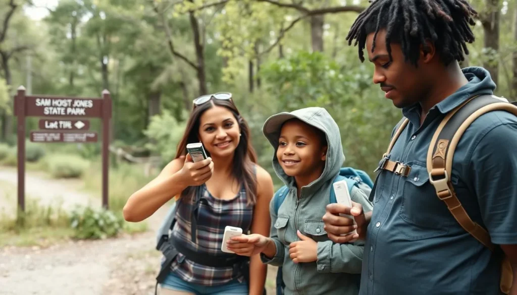 Visitor applying insect repellent before hiking at Sam Houston Jones State Park