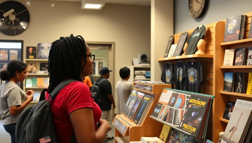 Visitor at the VLA gift shop looking at astronomy-themed merchandise
