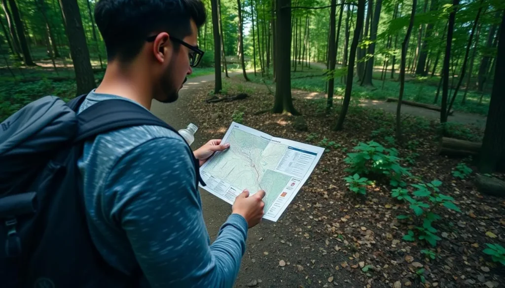 Visitor checking a trail map at Tyler State Park Pennsylvania with backpack and water bottle Visitor checking a trail map at Tyler State Park Pennsylvania with backpack and water bottle