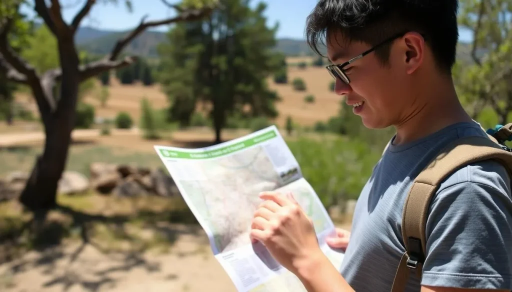 Visitor checking trail map at Wilder Ranch State Park entrance Visitor checking trail map at Wilder Ranch State Park entrance