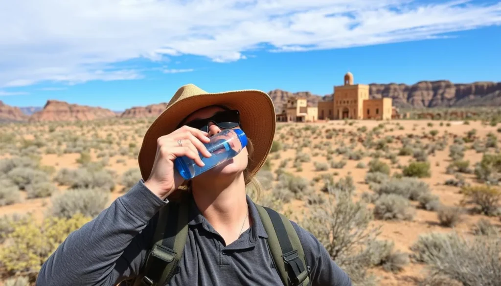 Visitor drinking water while exploring Pipe Spring National Monument