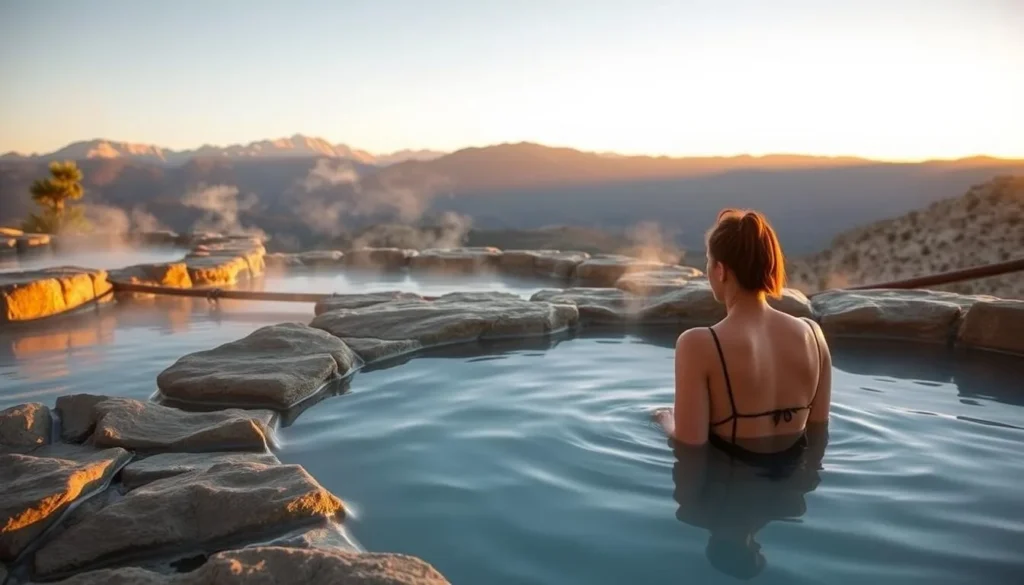 Visitor enjoying sunrise at Travertine Hot Springs Visitor enjoying sunrise at Travertine Hot Springs