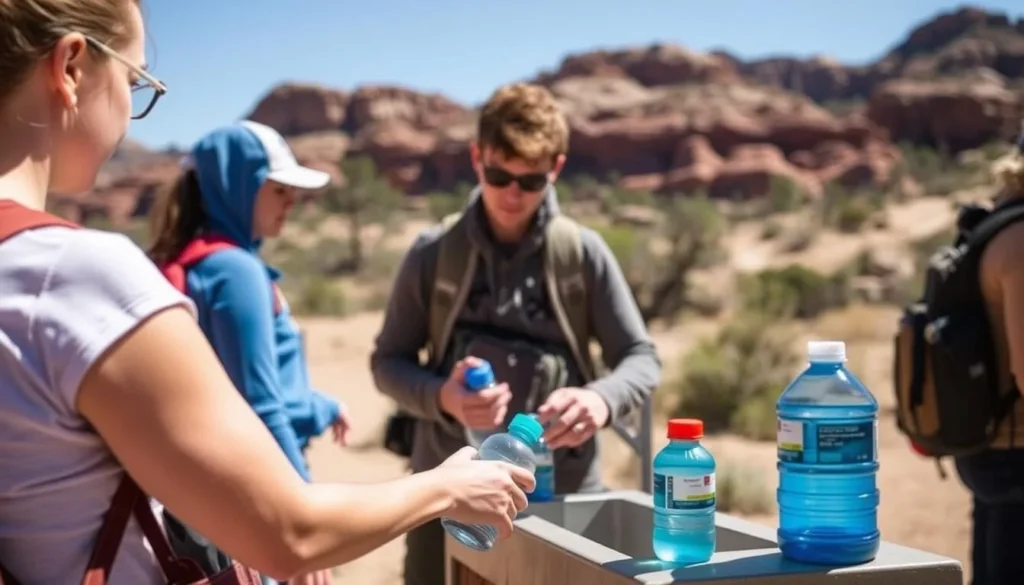 Visitor filling water bottles at a water station in Dinosaur National Monument Visitor filling water bottles at a water station in Dinosaur National Monument