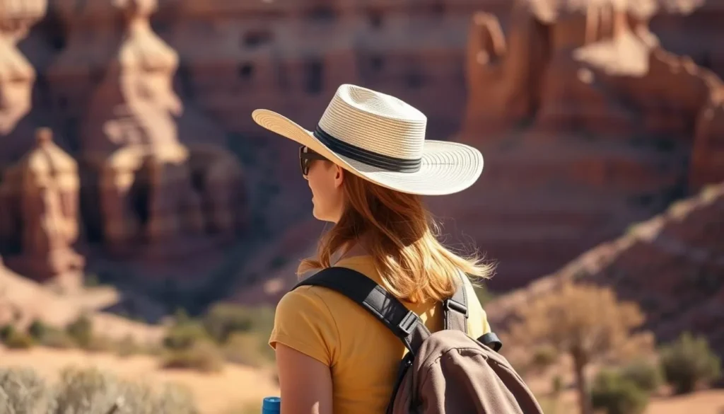 Visitor hiking with proper sun protection at Cathedral Gorge State Park Visitor hiking with proper sun protection at Cathedral Gorge State Park