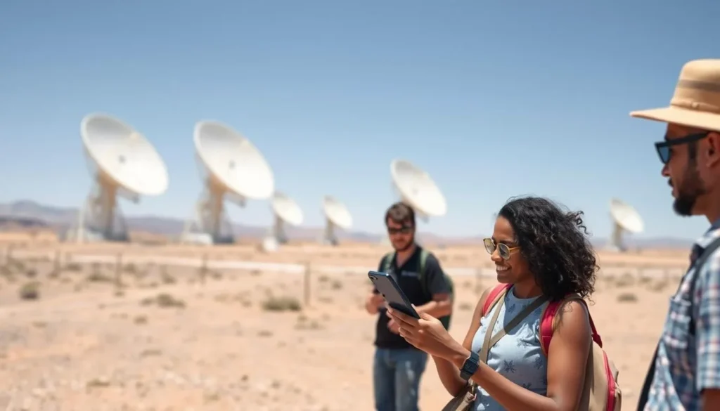 Visitor in airplane mode at the VLA with radio telescopes in background