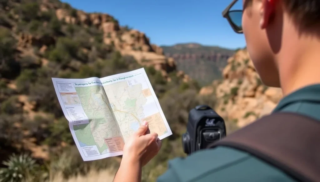 Visitor looking at a trail map while planning a hike in Sycamore Canyon