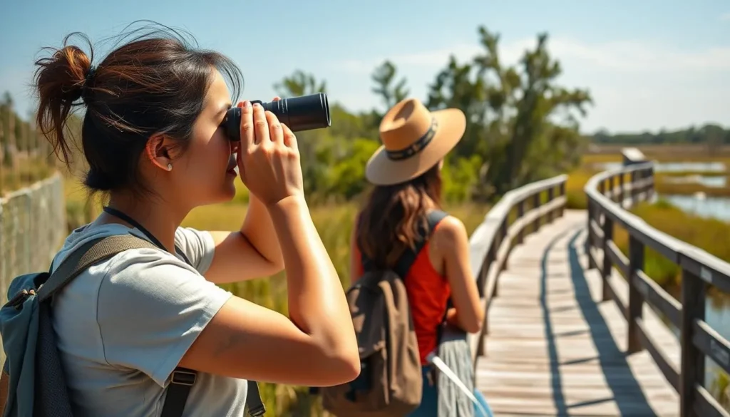 Visitor looking through binoculars at wildlife in Barataria Preserve