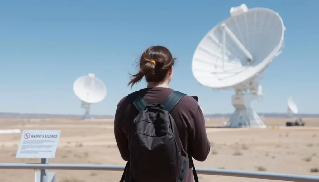 Visitor observing radio silence rules near the VLA antennas Visitor observing radio silence rules near the VLA antennas