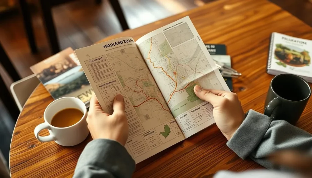 Visitor planning their Highland Road plantation tour with map and guidebook Visitor planning their Highland Road plantation tour with map and guidebook