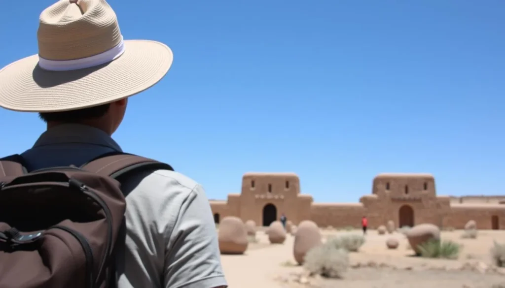 Visitor prepared with water and sun protection at Salinas Pueblo Missions Visitor prepared with water and sun protection at Salinas Pueblo Missions