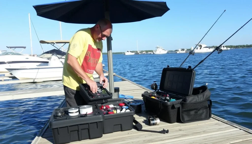 Visitor preparing fishing gear at Rend Lake marina
