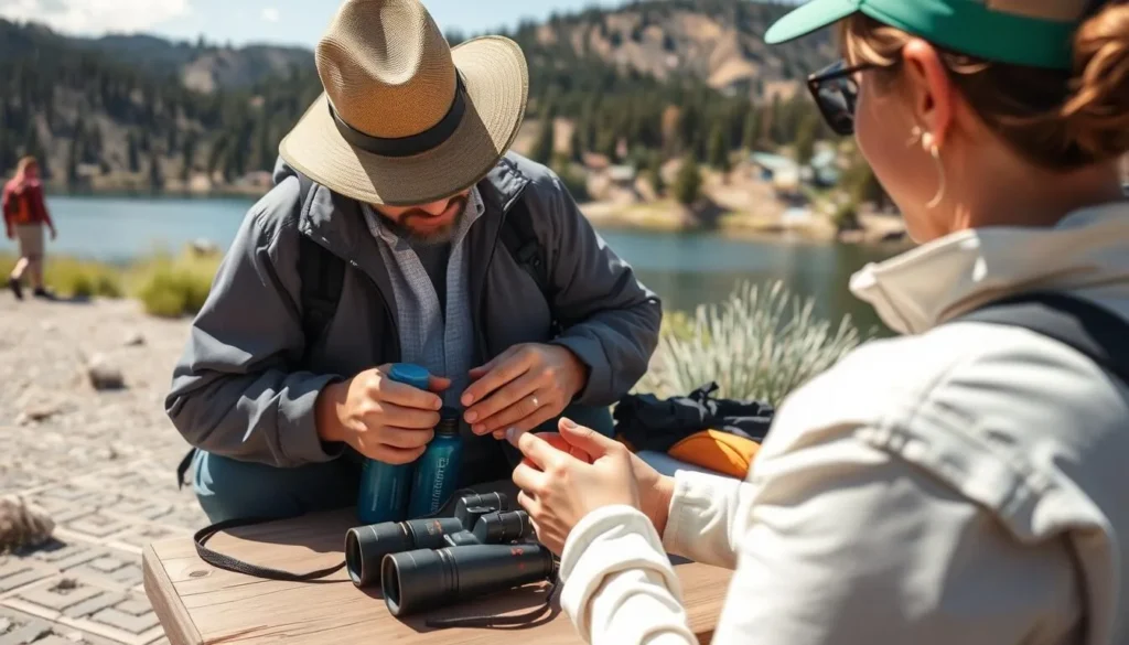 Visitor preparing for a day at Silverwood Lake with proper gear including sun protection, water bottles, and binoculars