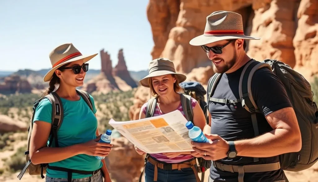 Visitor preparing for a hike at Tent Rocks with proper gear including water bottle, hat, and backpack