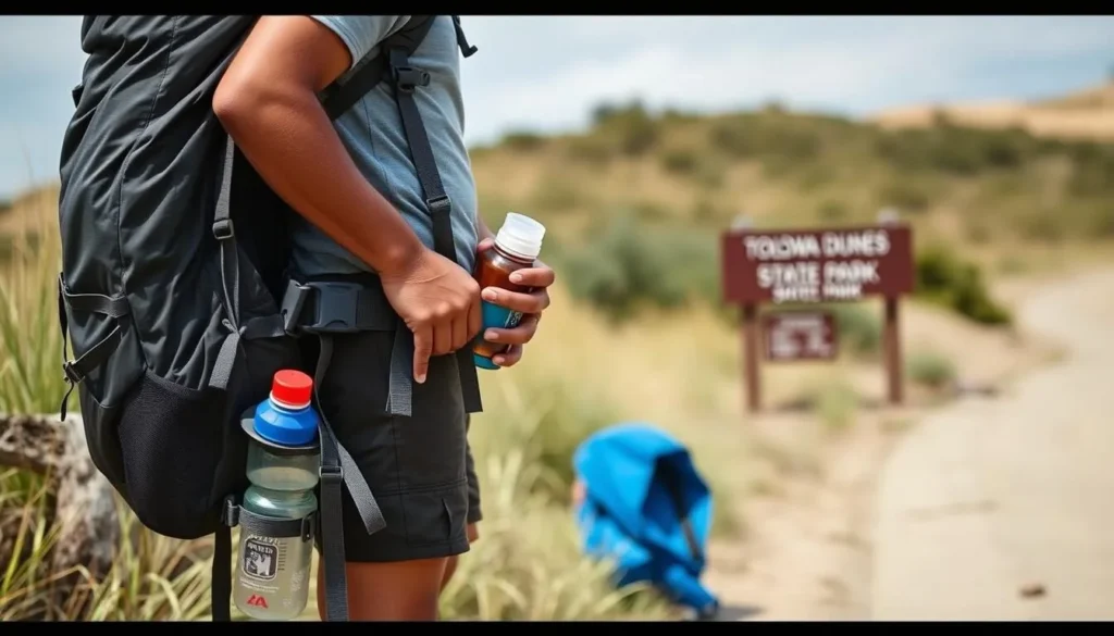 Visitor preparing for a hike at Tolowa Dunes State Park with proper gear Visitor preparing for a hike at Tolowa Dunes State Park with proper gear