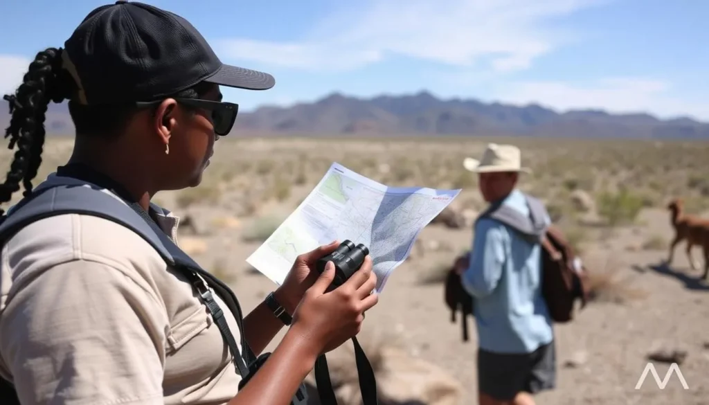 Visitor preparing with map and binoculars at Desert National Wildlife Refuge Visitor preparing with map and binoculars at Desert National Wildlife Refuge