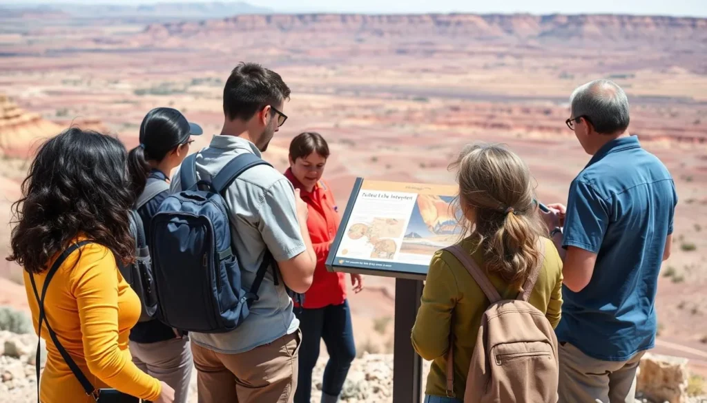 Visitor reading interpretive sign at a Painted Desert viewpoint with colorful landscape in background Visitor reading interpretive sign at a Painted Desert viewpoint with colorful landscape in background