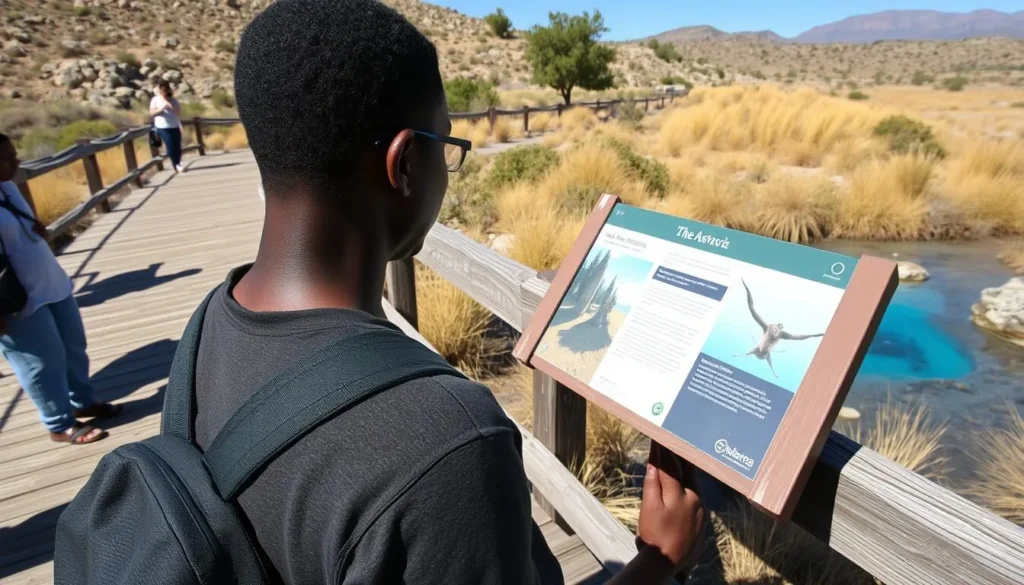 Visitor reading interpretive sign on boardwalk at Ash Meadows Visitor reading interpretive sign on boardwalk at Ash Meadows