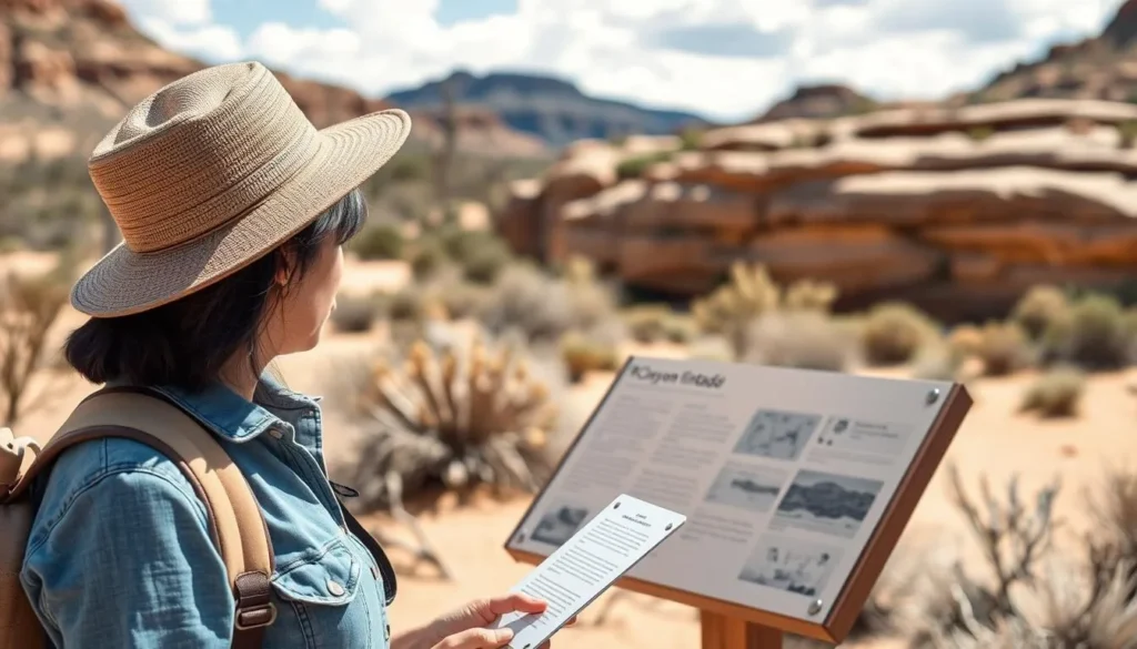 Visitor reading interpretive signage at a Canyon Pintado rock art site Visitor reading interpretive signage at a Canyon Pintado rock art site