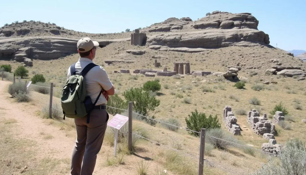 Visitor respectfully observing ancient structures at Chimney Rock Archaeological Area Colorado