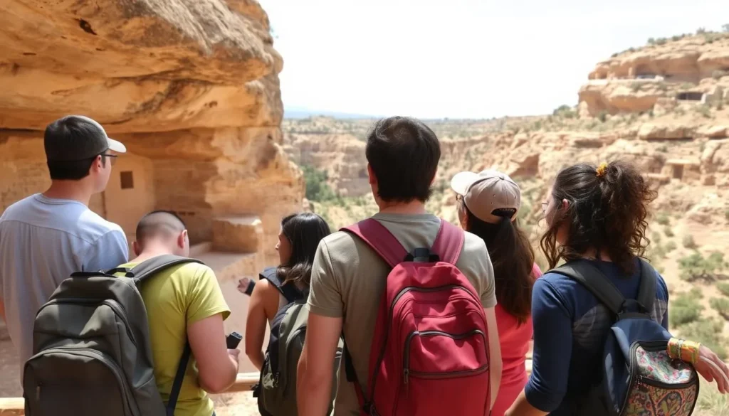 Visitor respectfully viewing Gila Cliff Dwellings without touching structures Visitor respectfully viewing Gila Cliff Dwellings without touching structures