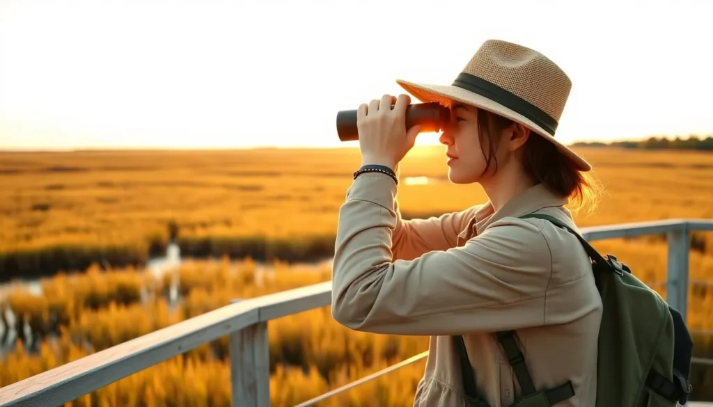 Visitor using binoculars at Lacassine Wetlands Louisiana during golden hour Visitor using binoculars at Lacassine Wetlands Louisiana during golden hour