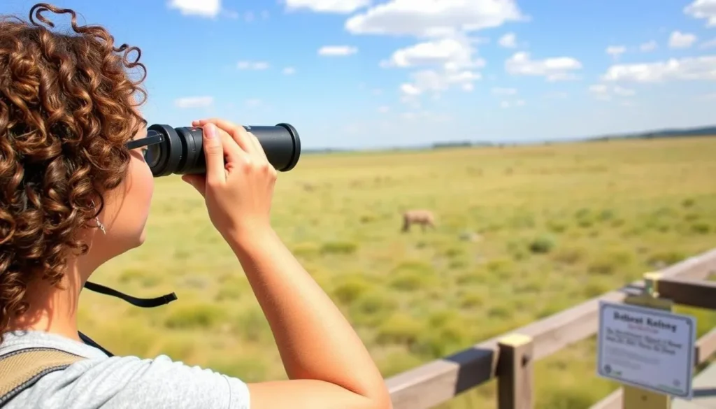 Visitor using binoculars at Tule Elk State Natural Reserve viewing platform Visitor using binoculars at Tule Elk State Natural Reserve viewing platform