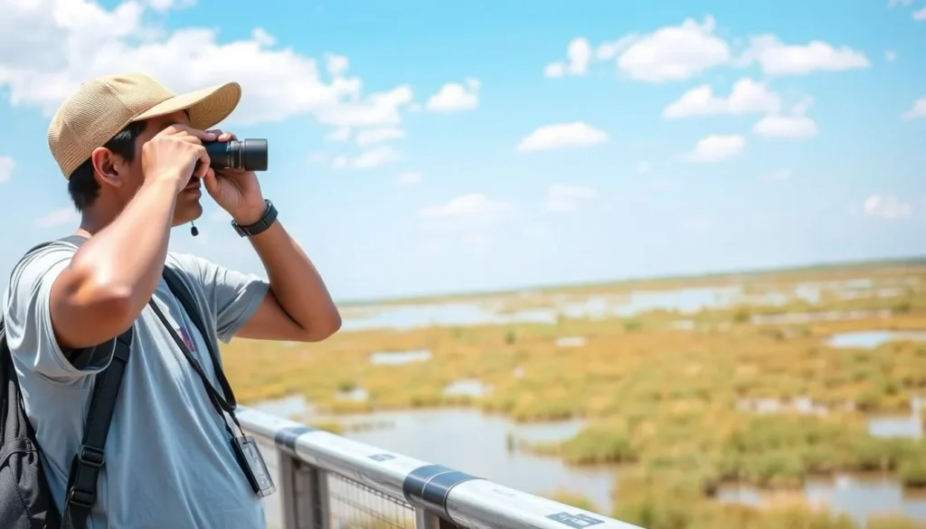 Visitor using binoculars to observe birds at Arapaho National Wildlife Refuge Visitor using binoculars to observe birds at Arapaho National Wildlife Refuge